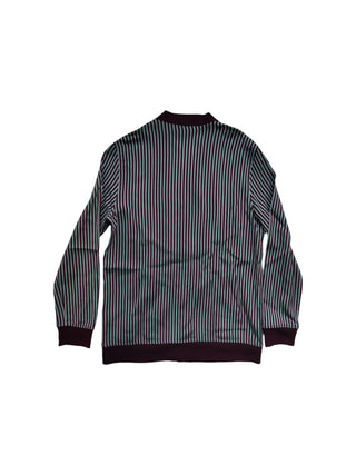 Burgundy 4-Buttoned Cardigan With Floral Print Front And Striped Sleeves