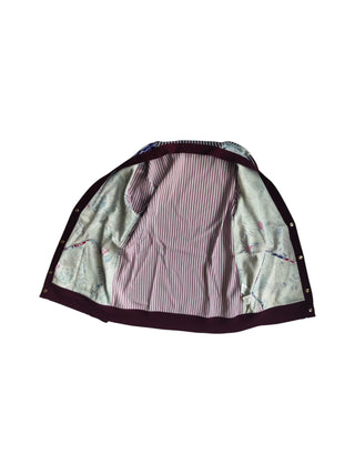 Burgundy 4-Buttoned Cardigan With Floral Print Front And Striped Sleeves