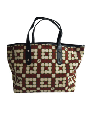 Canvas Tote Bag With Overall Burgundy And Beige Pattern And Black Handle