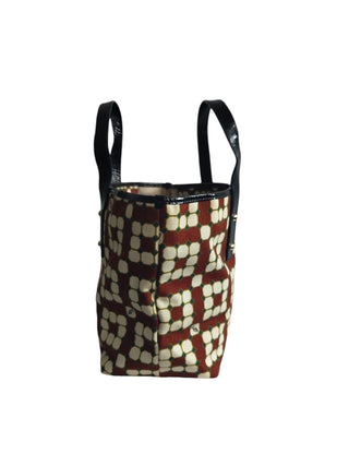 Canvas Tote Bag With Overall Burgundy And Beige Pattern And Black Handle