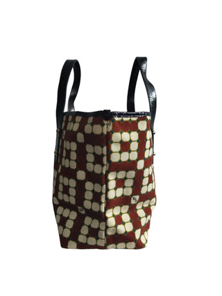 Canvas Tote Bag With Overall Burgundy And Beige Pattern And Black Handle