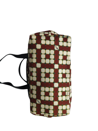 Canvas Tote Bag With Overall Burgundy And Beige Pattern And Black Handle