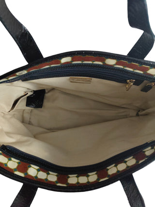 Canvas Tote Bag With Overall Burgundy And Beige Pattern And Black Handle