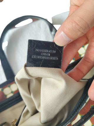 Canvas Tote Bag With Overall Burgundy And Beige Pattern And Black Handle