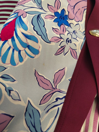 Burgundy 4-Buttoned Cardigan With Floral Print Front And Striped Sleeves