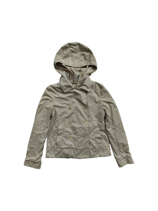 Beige Storm System Lightweight Doublet Breasted Jacket With Detachable Hood