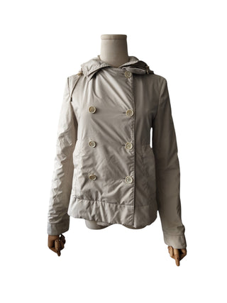 Beige Storm System Lightweight Doublet Breasted Jacket With Detachable Hood