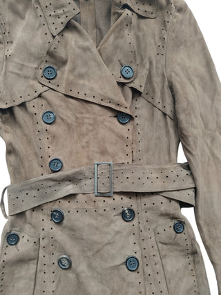 Brown Lamb Suede Trench Coat With Buttons And Belt Details