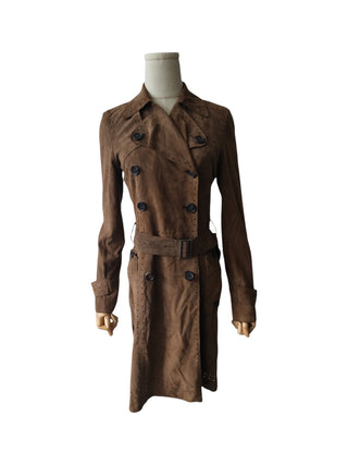 Brown Lamb Suede Trench Coat With Buttons And Belt Details