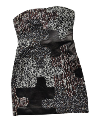 Brown And Grey Tone Patterned Tube Dress With Leather Patching