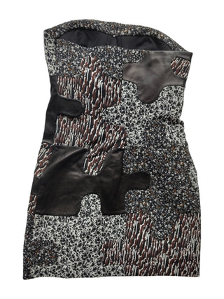 Brown And Grey Tone Patterned Tube Dress With Leather Patching