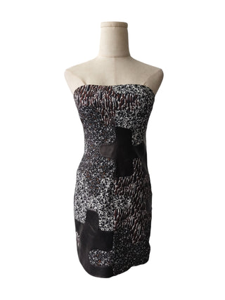 Brown And Grey Tone Patterned Tube Dress With Leather Patching