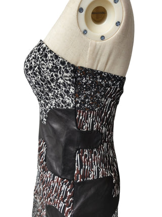 Brown And Grey Tone Patterned Tube Dress With Leather Patching