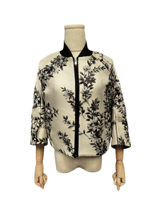 Beige And Black Floral Print Zip Up Jacket
