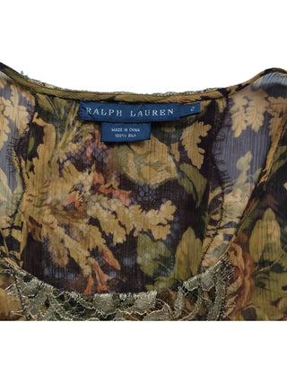 Autumn Floral Overall Printed Silk Dress With Gold Lace Detail