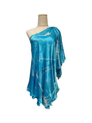 Sea Waves Print Silk Sleeves One-Shoulder Short Dress