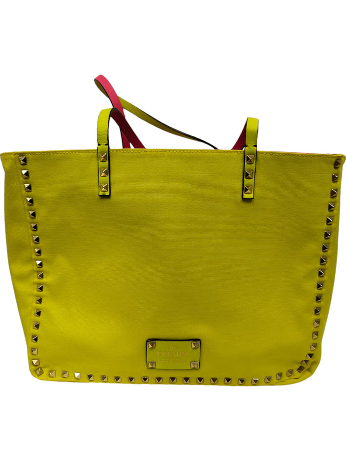 Neon Yellow and Pink Rockstud Reversible Shoulder Canvas Tote Bag