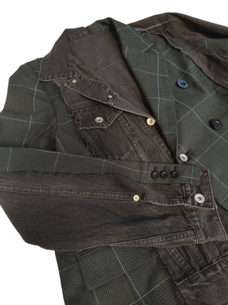Black Denim And Dark Olive Checkered Blazer Jacket