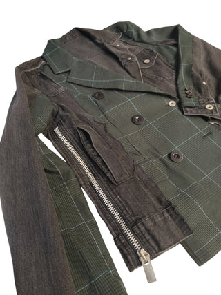 Black Denim And Dark Olive Checkered Blazer Jacket