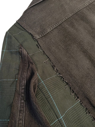 Black Denim And Dark Olive Checkered Blazer Jacket