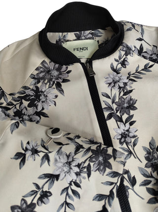 Beige And Black Floral Print Zip Up Jacket