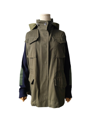 Olive And Navy Cotton And Knit Hooded Utility Jacket