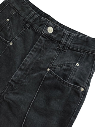 Black Straight Leg Jeans With Adjustable Tack At Bottom