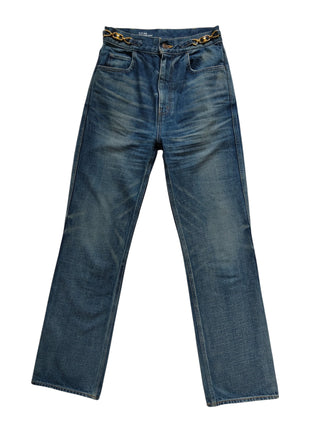 Washed Blue Straight Leg Jeans With Logo Chain On Waist