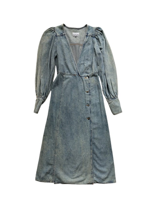 Washed Denim Long Sleeves Dress With Logo Embossed Buttons
