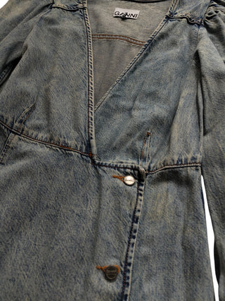 Washed Denim Long Sleeves Dress With Logo Embossed Buttons