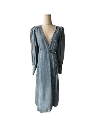 Washed Denim Long Sleeves Dress With Logo Embossed Buttons
