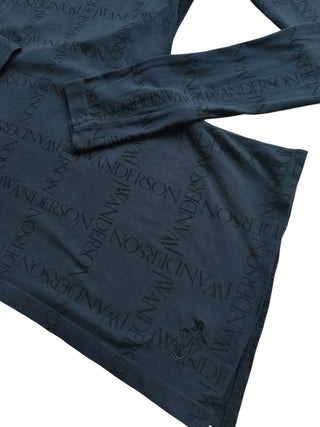 Navy Blue Crew Neck Cotton Top With Overall Logo Pattern