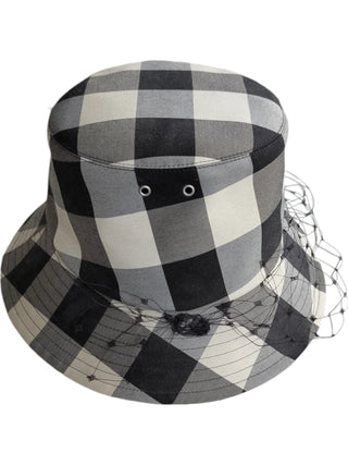 Black And Beige Checkered Bucket Hat With Veil