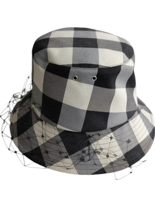 Black And Beige Checkered Bucket Hat With Veil
