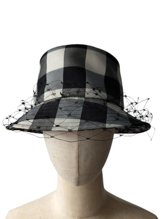 Black And Beige Checkered Bucket Hat With Veil