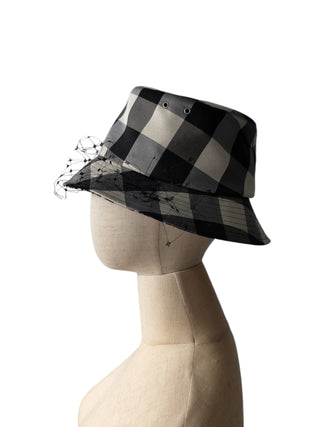 Black And Beige Checkered Bucket Hat With Veil