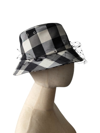 Black And Beige Checkered Bucket Hat With Veil
