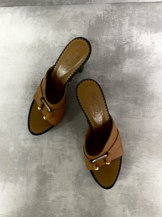 Beige High Heel Clogs With Golden Buckle
