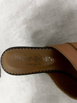 Beige High Heel Clogs With Golden Buckle