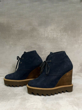 Navy Faux Suede Leana Lace Up Wedge Booties