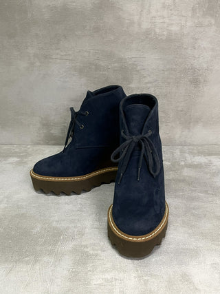 Navy Faux Suede Leana Lace Up Wedge Booties
