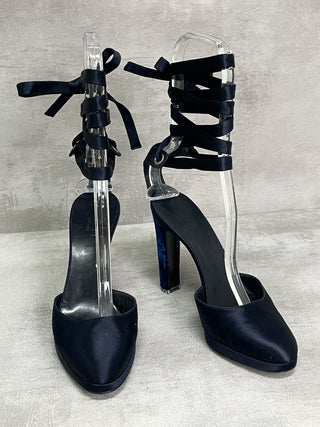 Navy 110mm Closed Toe Satin Tie-Up Platform With Velvet Heels