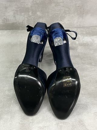 Navy 110mm Closed Toe Satin Tie-Up Platform With Velvet Heels