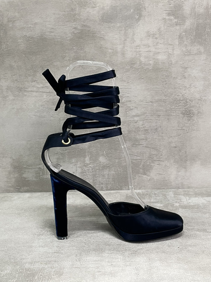 Navy 110mm Closed Toe Satin Tie-Up Platform With Velvet Heels