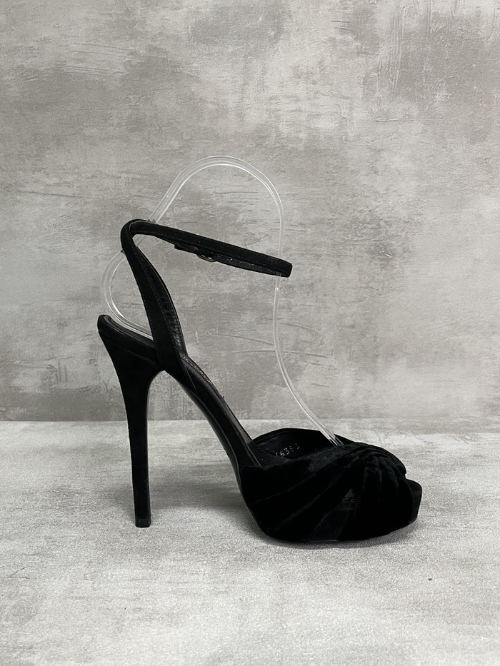 Black Platform Heels With Velvet Front And Diamante Buckle