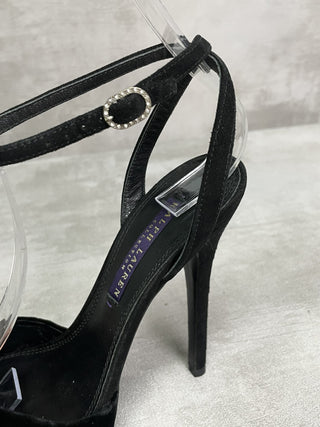 Black Platform Heels With Velvet Front And Diamante Buckle