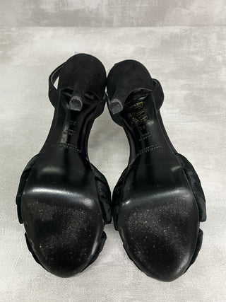 Black Platform Heels With Velvet Front And Diamante Buckle