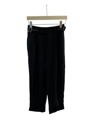Black Silk Cropped Pants With Double Buckle Waisted Detail