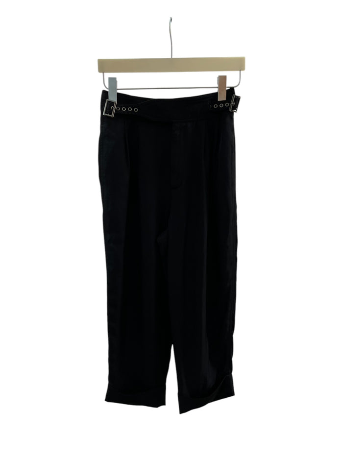 Black Silk Cropped Pants With Double Buckle Waist Detail