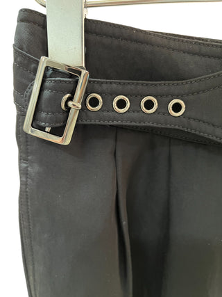 Black Silk Cropped Pants With Double Buckle Waisted Detail